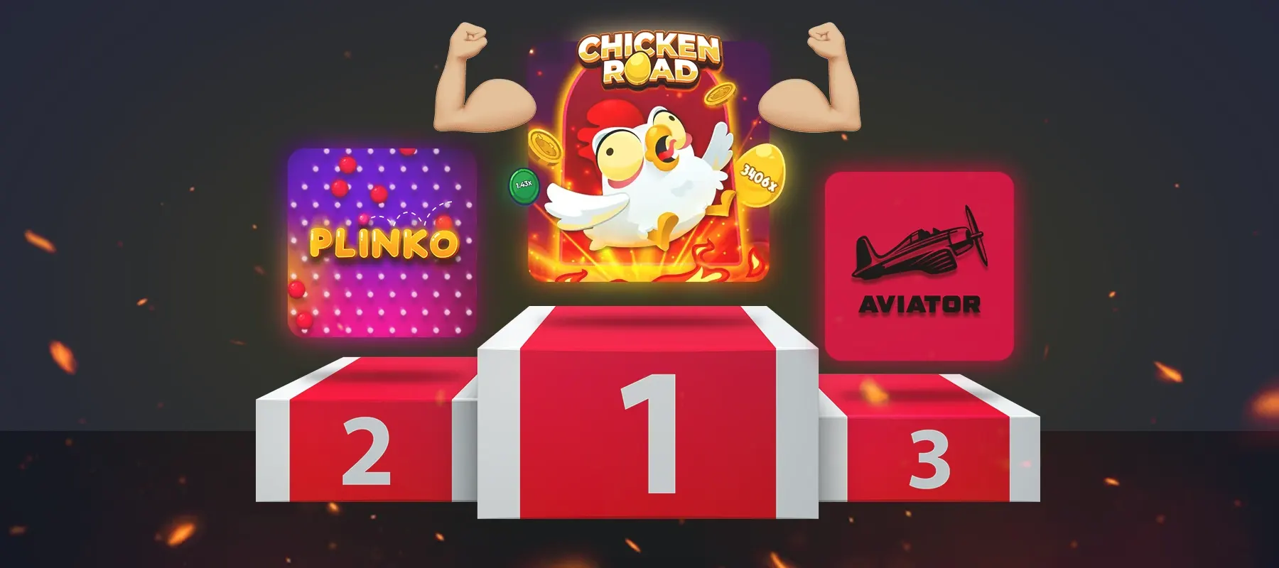 Podio con Chicken Road al primo posto, Plinko al secondo e Aviator al terzo, simbolo di classifica giochi.