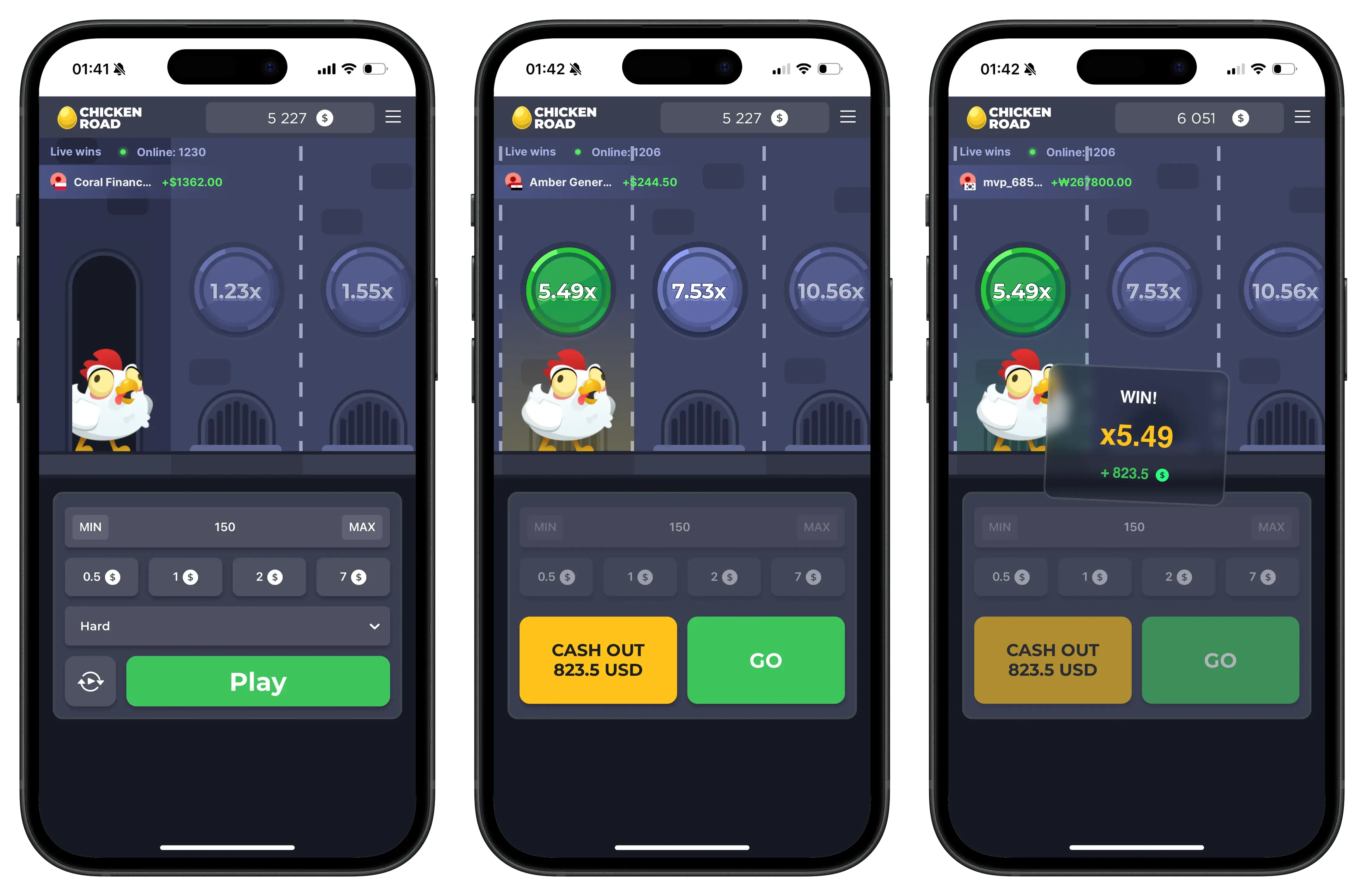 Tre fasi di Chicken Road: inizio della partita, casella superata con moltiplicatore e vincita incassata tramite Cash Out.